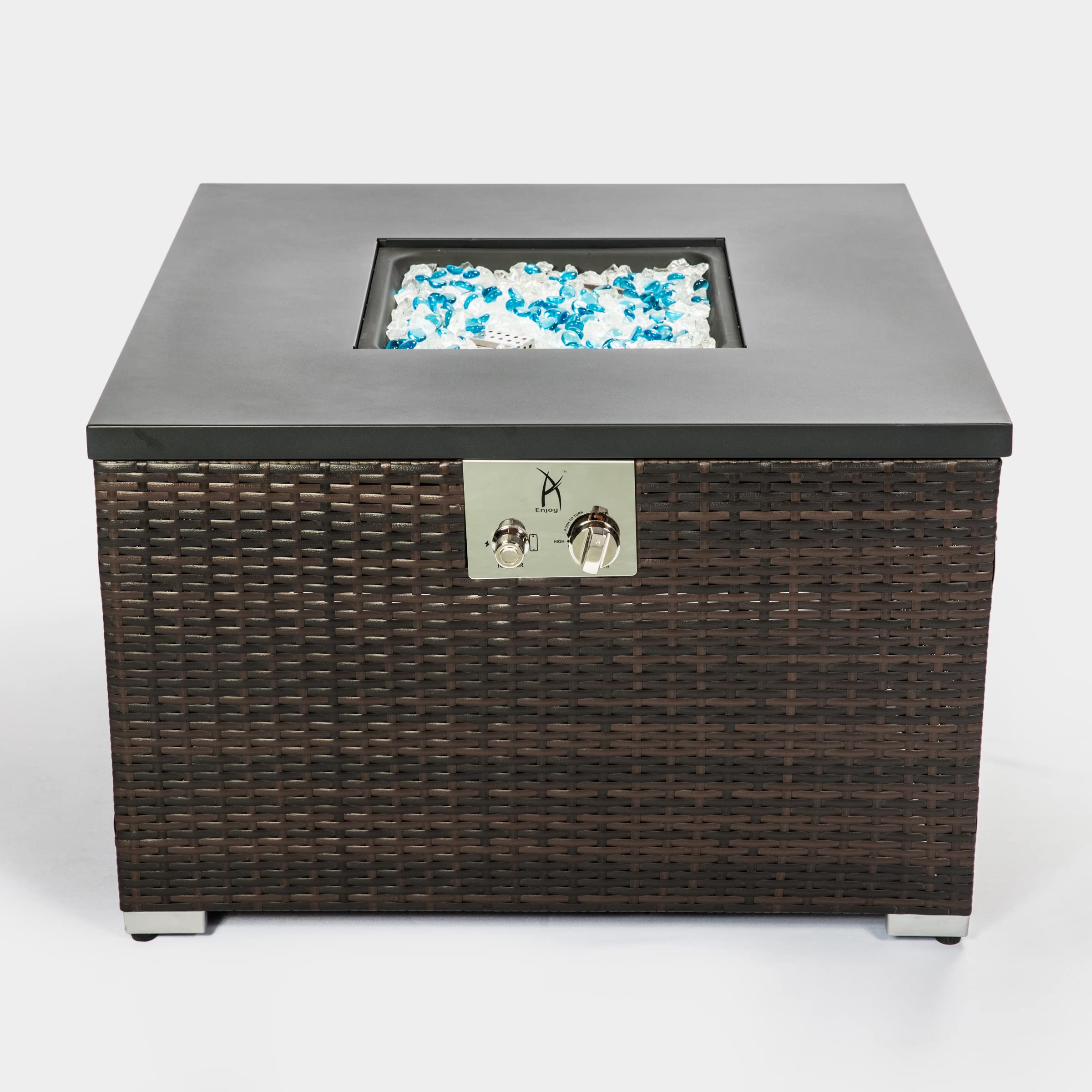 28in Gas Fire Pit Table, 40,000 BTU Outdoor Wicker Patio Propane Firepit w/Faux Wood Tabletop, Clear Glass Rocks, Cover, Hideaway Tank Holder, Lid 9（ Brown）