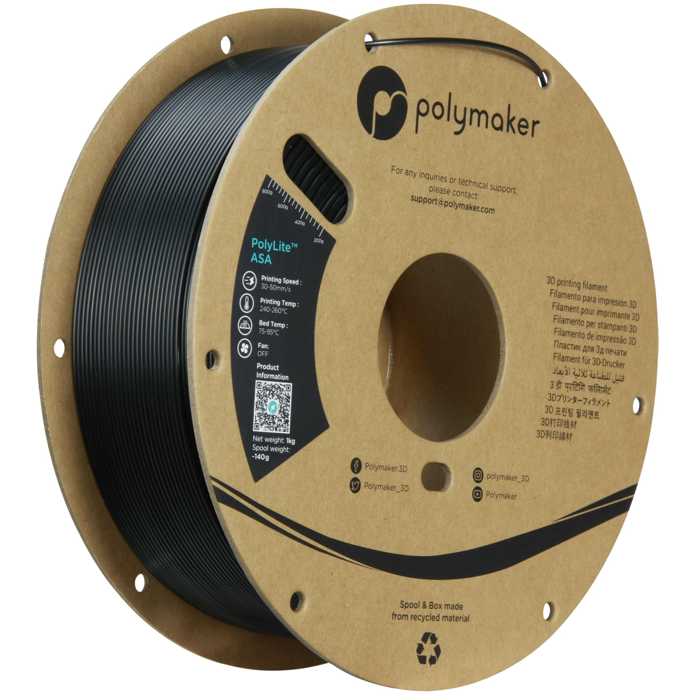 Polymaker ASA Filament 1.75mm Jet Black ASA, 1kg Heat Resistant Weather Resistant ASA 1.75 Cardboard Spool - PolyLite ASA 3D Printer Filament Jet Black, Perfect for Printing Outdoor Functional Parts