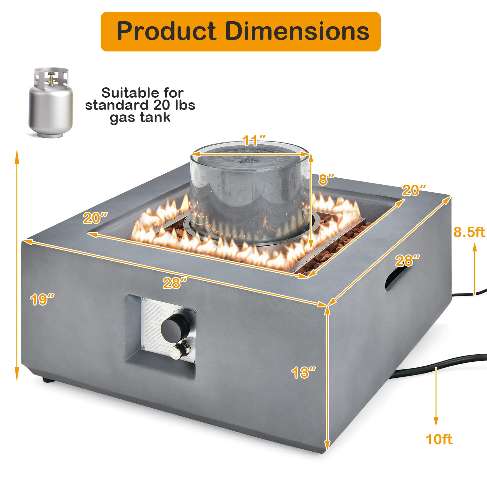 Giantex Fountain Fire Pit Table - 50,000 BTU Square Fire Table w/Middle Fountain, Wind Glass, Stainless Steel Burner, PVC Cover, CSA & UL Certificated, 28” Firepit for Patio, Poolside, Backyard,Gray