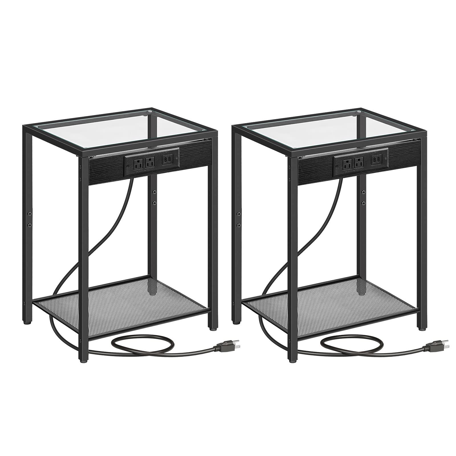 HOOBRO Side Table with Charging Station, Set of 2 End Tables with USB Ports, Nightstand for Tight Spaces, Tempered Glass, Modern Metal Frame, for Office, Bedroom, Living Room, Black BK76UBZP201