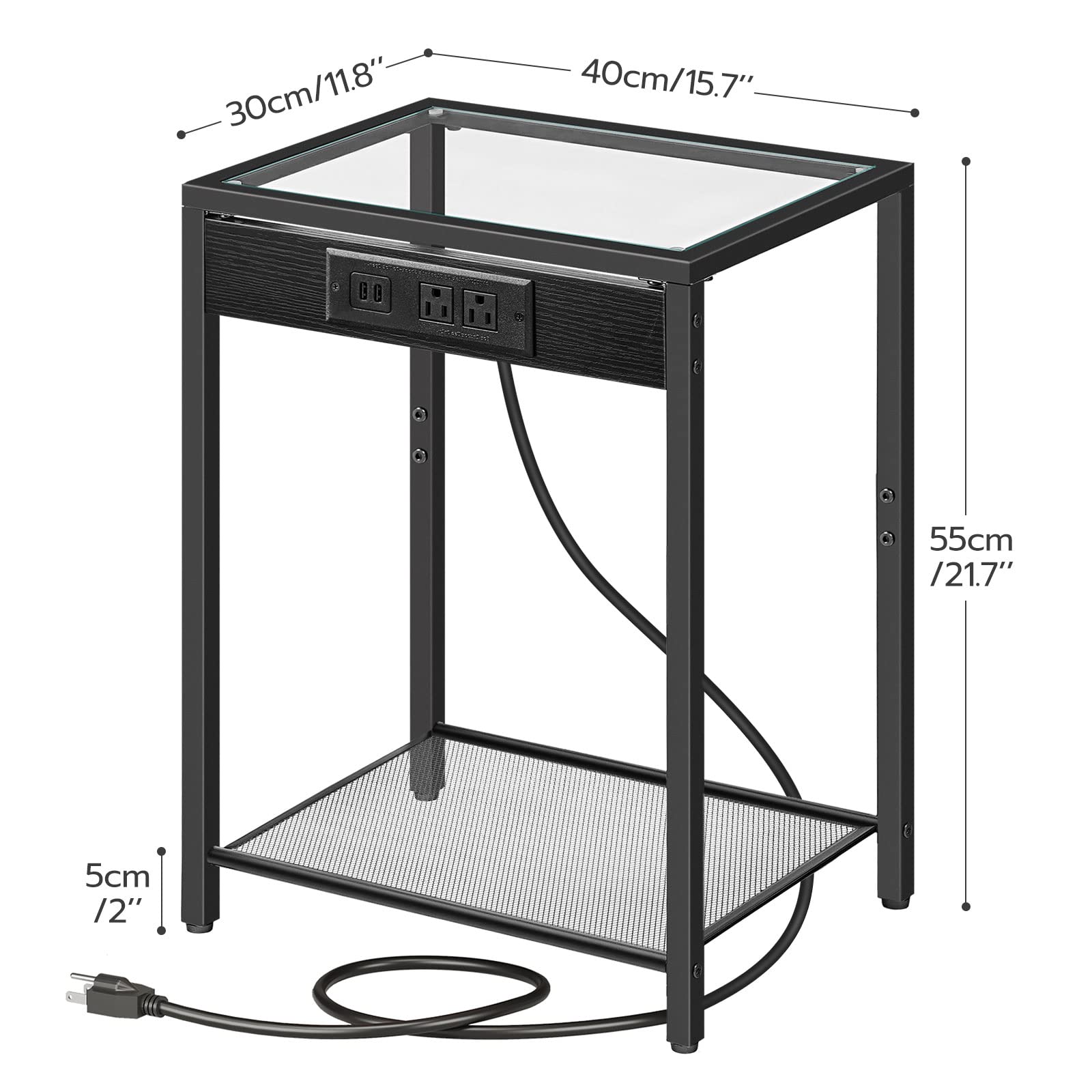 HOOBRO Side Table with Charging Station, Set of 2 End Tables with USB Ports, Nightstand for Tight Spaces, Tempered Glass, Modern Metal Frame, for Office, Bedroom, Living Room, Black BK76UBZP201