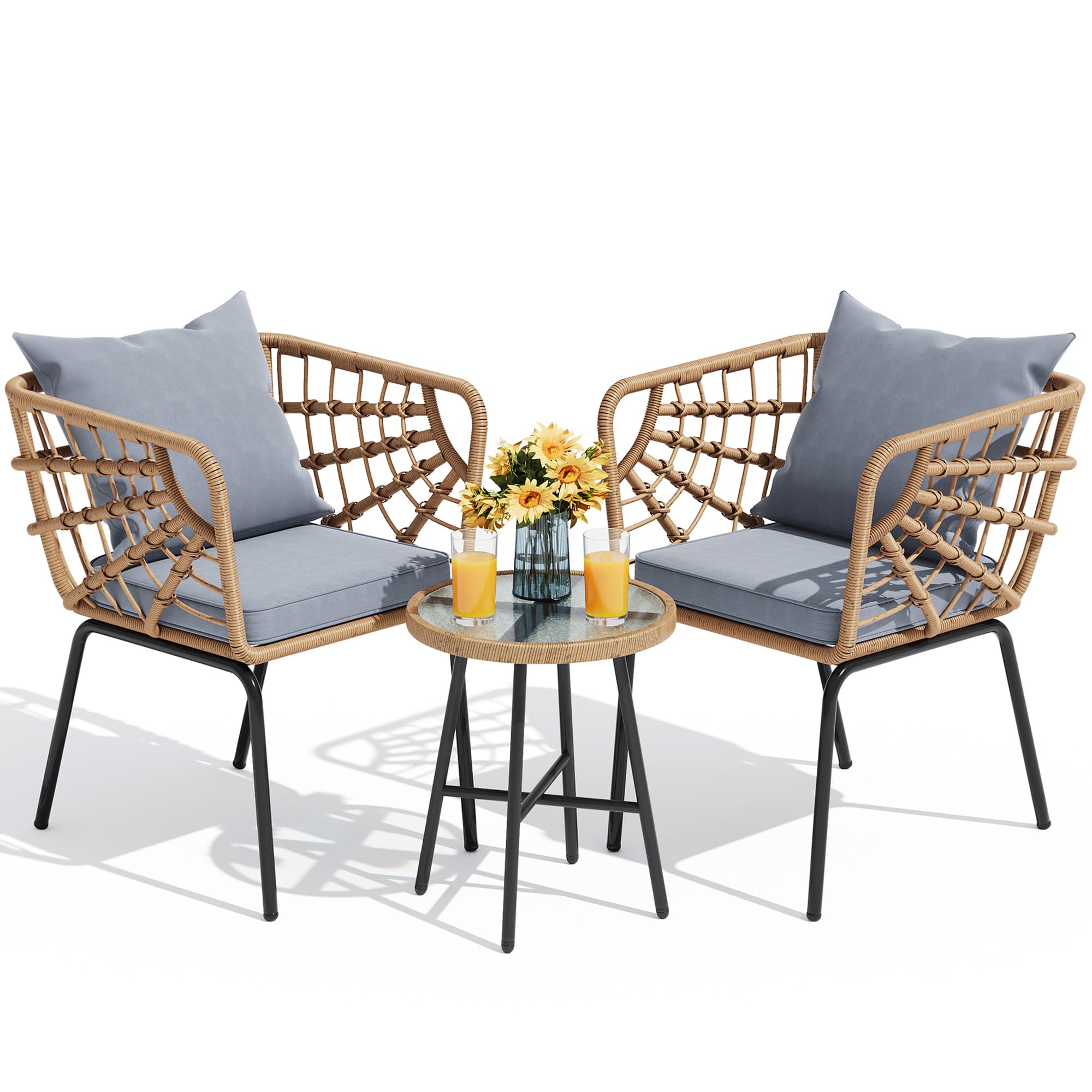 YITAHOME Wicker 3-Piece Outdoor Bistro Set, All-Weather Patio Conversation Set for Balcony, Backyard, Pool, Porch, Deck, Outdoor Sectional Furniture Set with Table & Cushions - Grey