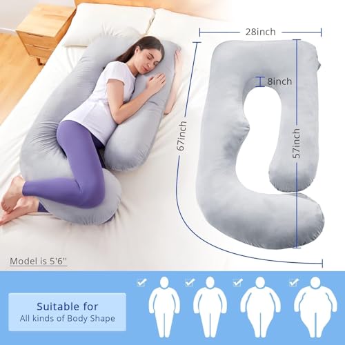 Sasttie Pregnancy Pillows for Sleeping, U Shaped Body Pillow Side Sleeper Pregnancy Must Haves, Maternity Pillow for Pregnant Women, Full Pregnant Pillow with Removable Velvet Cover, Grey