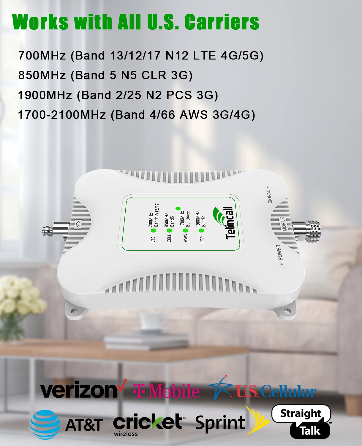 Mobile Signal Booster for Home Verizon, AT&T, US Cellular, T Mobile PCS 3G/4G/5G AWS LTE N2/N5/N12 Band 2/4/5/13/12/17 Cell Phone Signal Booster FCC Approved for All U.S. Carriers