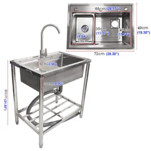 Freestanding Stainless Steel Sink Commercial Restaurant Sink Single Bowl Outdoor Sink with Cold and Hot Water Pipe Undershelf Faucet for Cafe, Bar,Hotel,Garage,Laundry Room,28.3"D x 19.3"W x 31.5"H