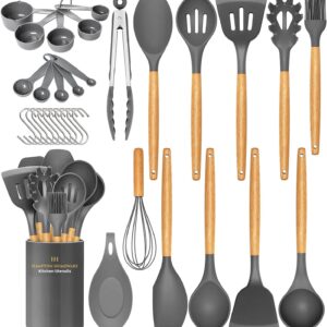 Kitchen Utensils Set, 33 pcs Non-Stick Silicone Cooking Utensils Set, Heat-Resistant Silicone, Wooden Utensils for Cooking, Kitchen Gadgets Spatula Set, Apartment Essentials Kitchen Set (Charcoal)