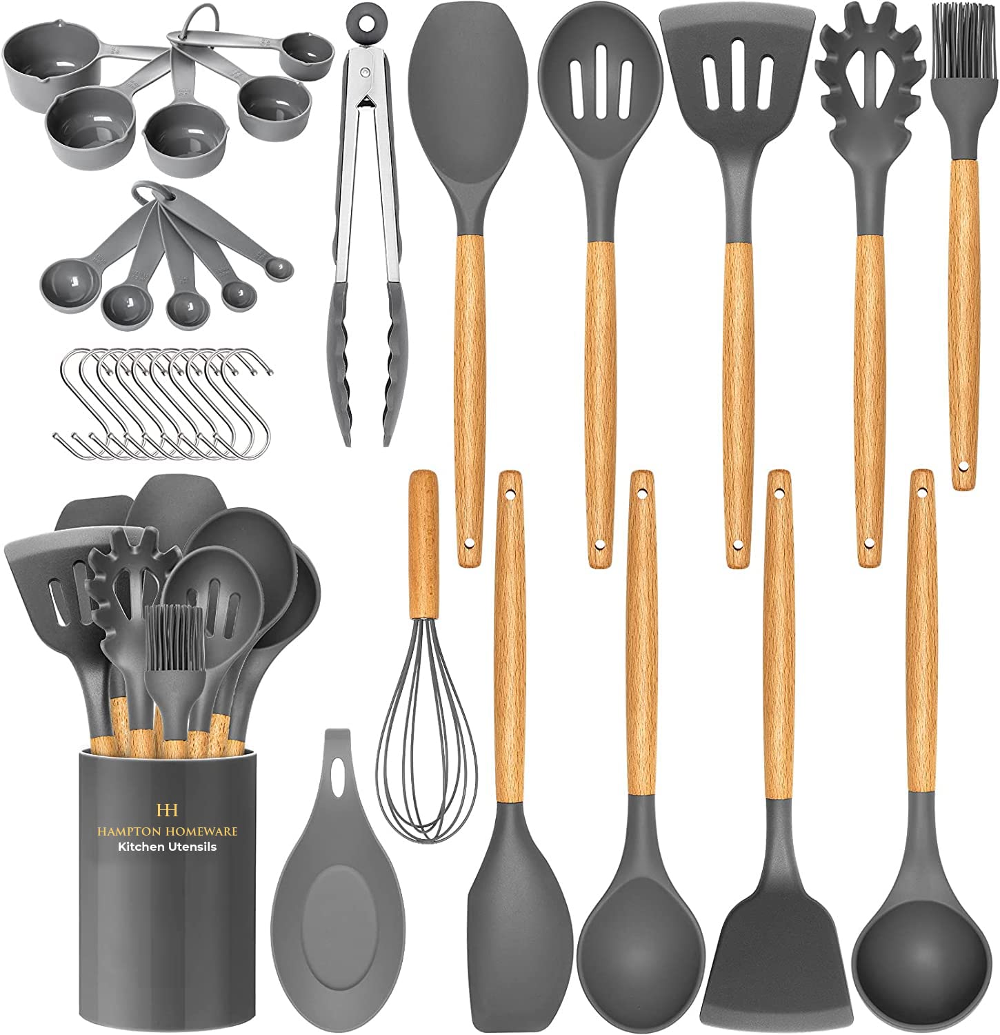 Kitchen Utensils Set, 33 pcs Non-Stick Silicone Cooking Utensils Set, Heat-Resistant Silicone, Wooden Utensils for Cooking, Kitchen Gadgets Spatula Set, Apartment Essentials Kitchen Set (Charcoal)