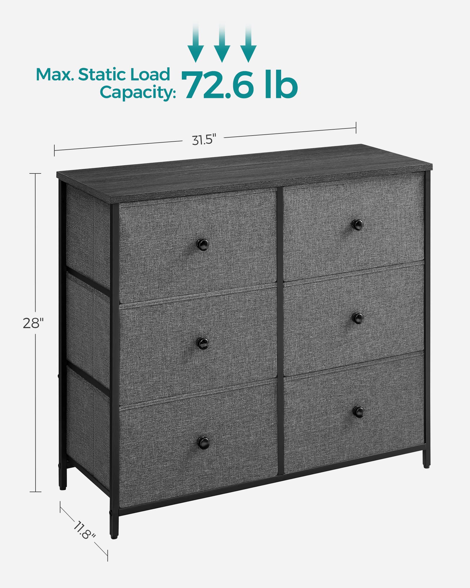 SONGMICS Dresser for Bedroom, Chest of Drawers, 6 Drawer Dresser, Closet Fabric Dresser with Metal Frame, Gray and Black with Wood Grain ULTS323G22, 11.8”D x 31.5”W x 27.1”H