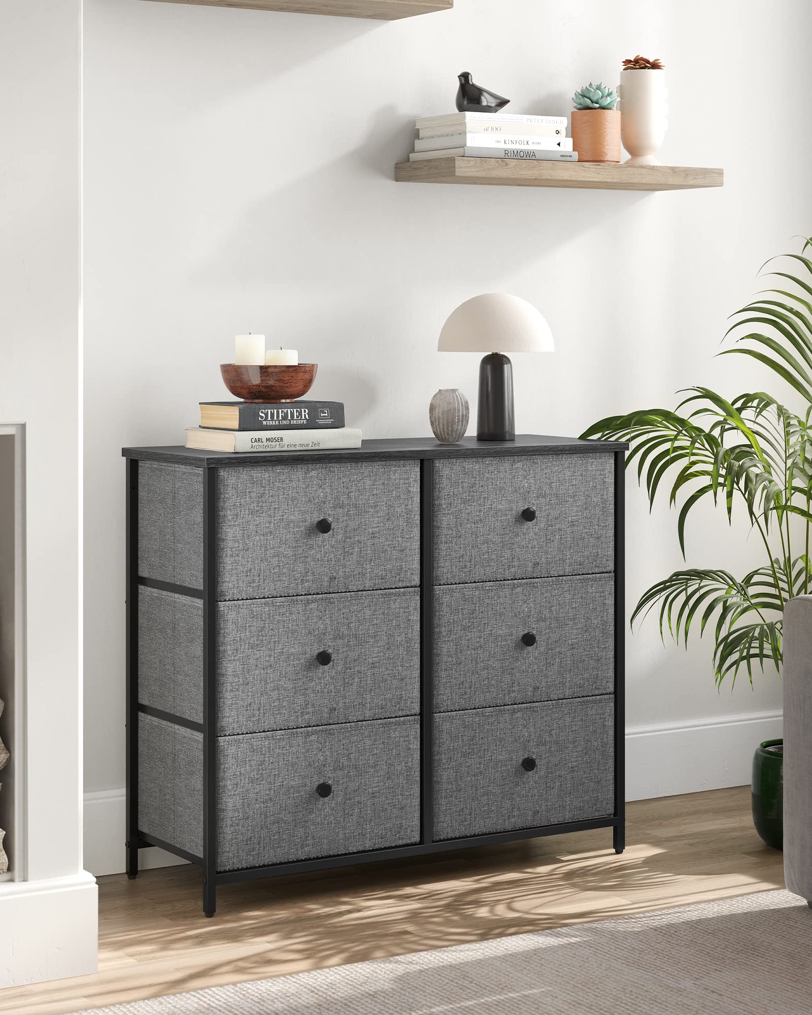 SONGMICS Dresser for Bedroom, Chest of Drawers, 6 Drawer Dresser, Closet Fabric Dresser with Metal Frame, Gray and Black with Wood Grain ULTS323G22, 11.8”D x 31.5”W x 27.1”H