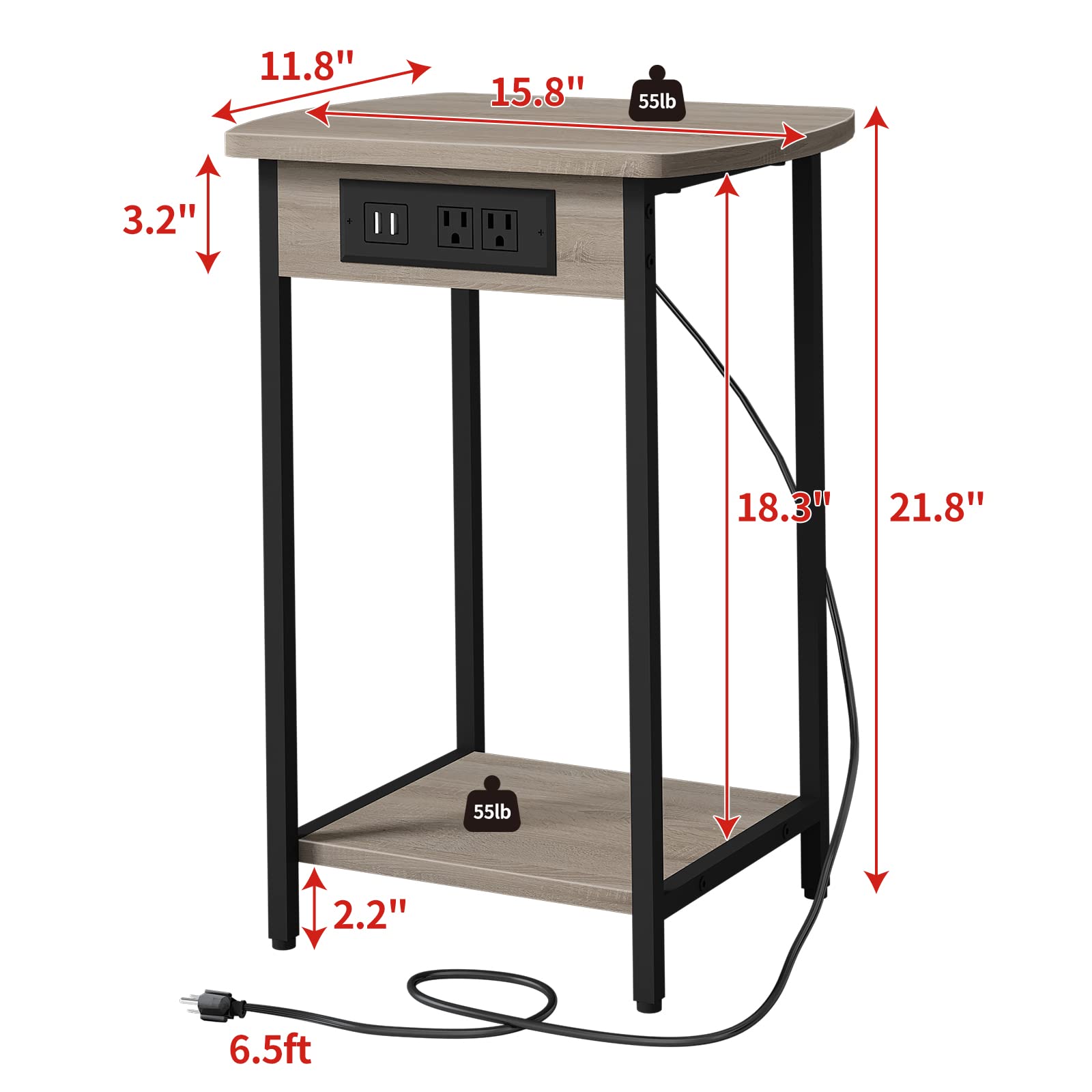 SOOWERY End Tables with Charging Station, Set of 2 Side Tables with USB Ports and Outlets, Nightstands with Storage Shelf for Living Room, Bedroom, Greige