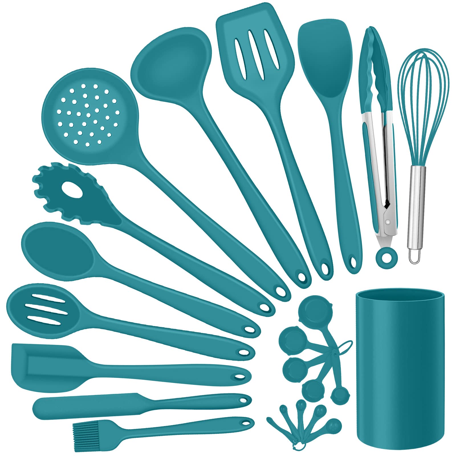 Silicone Kitchen Utensils Set, E-far 23 Pcs Blue Cooking Utensils Tools with Holder for Nonstick Cookware, Include Spatula/Spoon/Ladle/Tongs/Turner, Heat Resistant & Nontoxic, Dishwasher Safe