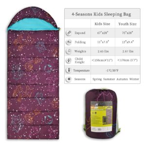 AceCamp Kids Sleeping Bag, Glow-in-The-Dark Sleeping Bag for Kids and Youth, Portable Water-Resistant Kids Sleeping Bag, Temp Rating 30F/ -1℃, for Camping, Hiking, Slumber Party (Kids,Purple)