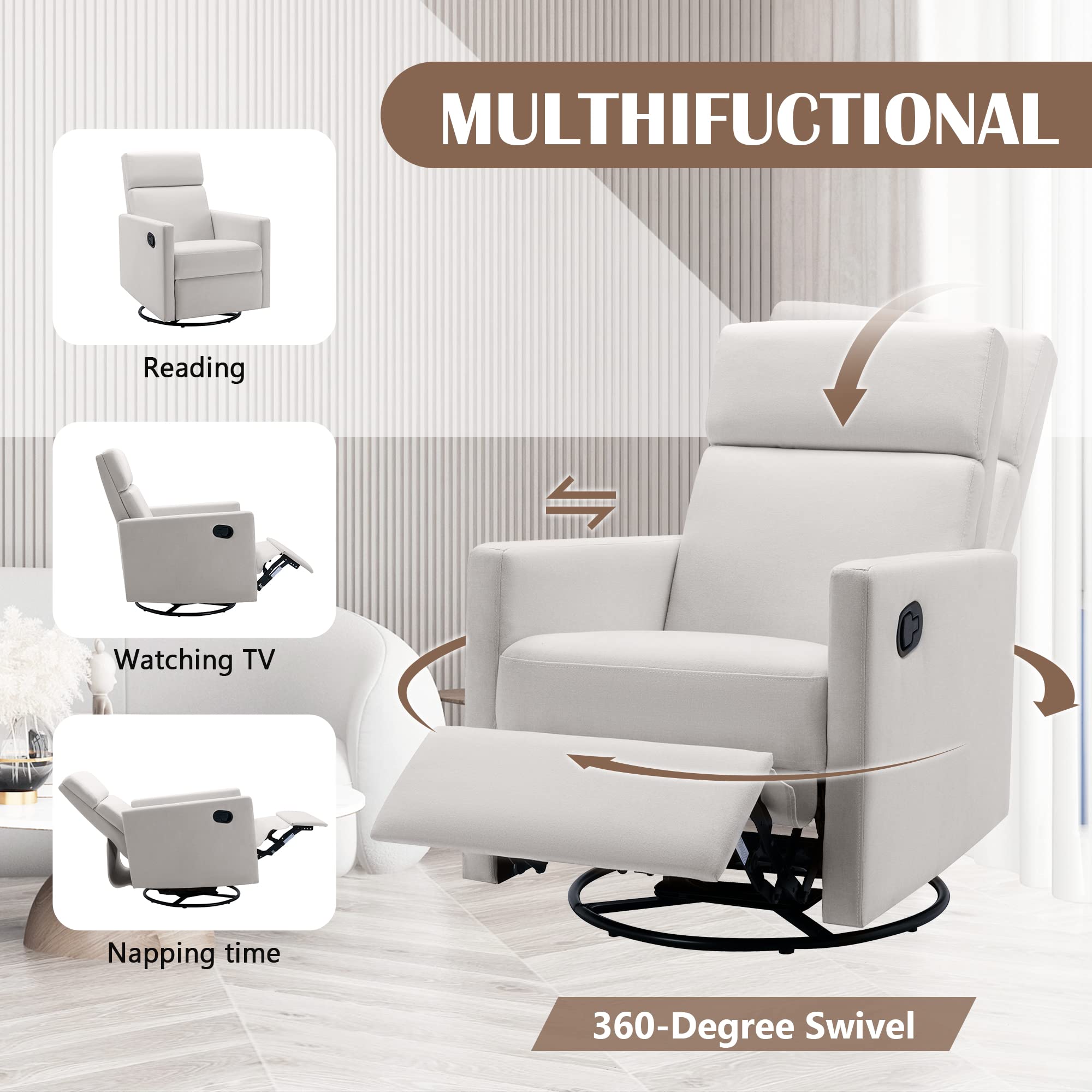 Modern Upholstered Rocker Chair Plush Seating Glider Swivel Recliner Chair, Recliners Can Rotate 360°and Support 3 Adjustment Angles, Suitable for Living Rooms, Bedrooms, Apartments, Etc (Beige)