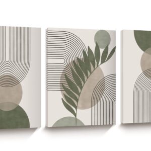 iHery Sage Boho Wall Art, 12x16in Framed Canvas Wall Art Pictures, Mid-Century Modern Wood Framed Abstract Prints for Bedroom,Minimalist wall Decor Bathroom 3Pack