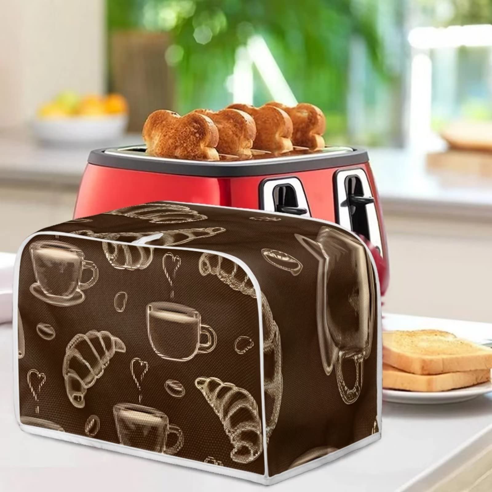 FOR U DESIGNS Toaster Oven Cover Novelty Coffee Themed Toaster Dust Cover 4 Slice Durable Washable Kitchen Small Appliance Covers Fashion Bread Maker Cover Brown