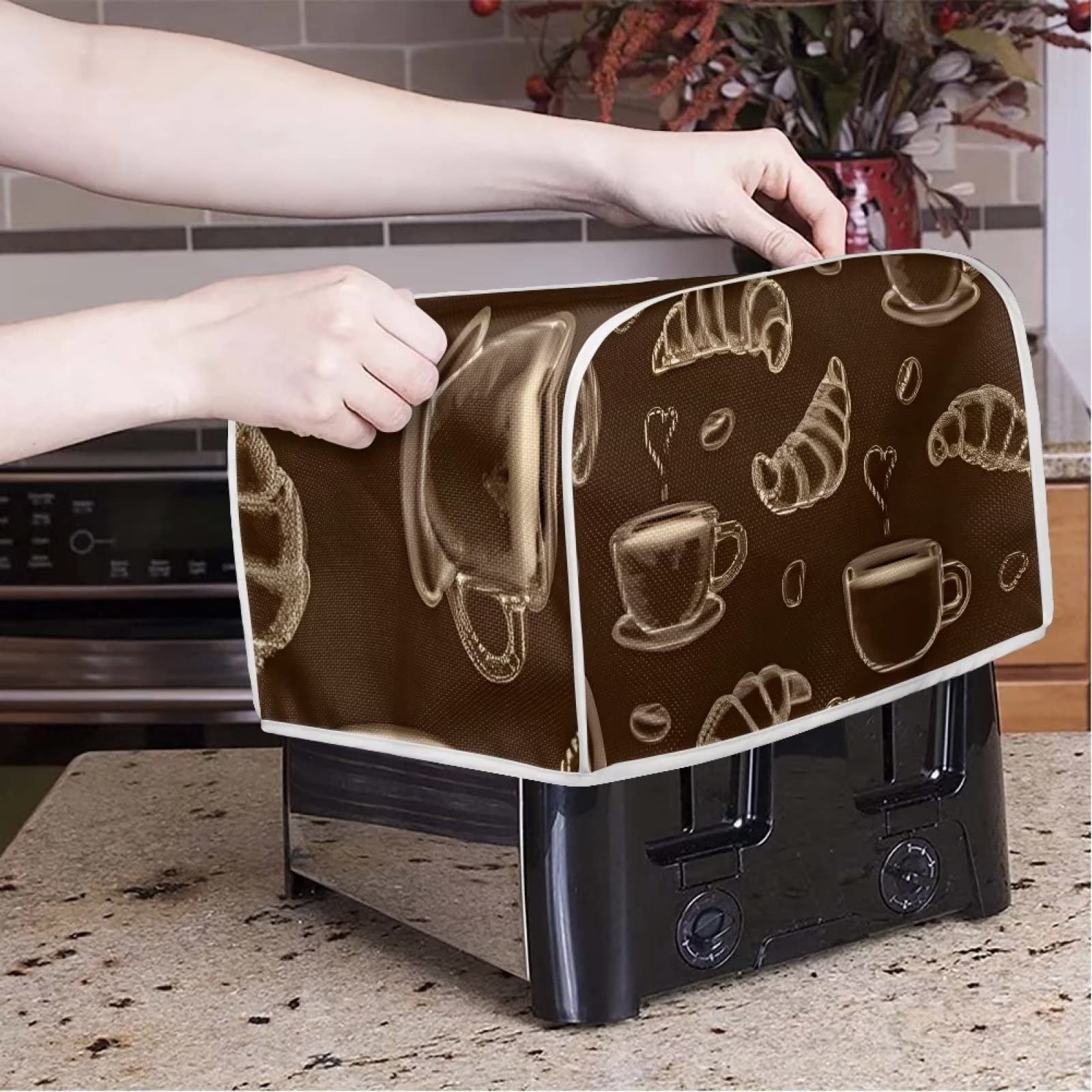 FOR U DESIGNS Toaster Oven Cover Novelty Coffee Themed Toaster Dust Cover 4 Slice Durable Washable Kitchen Small Appliance Covers Fashion Bread Maker Cover Brown