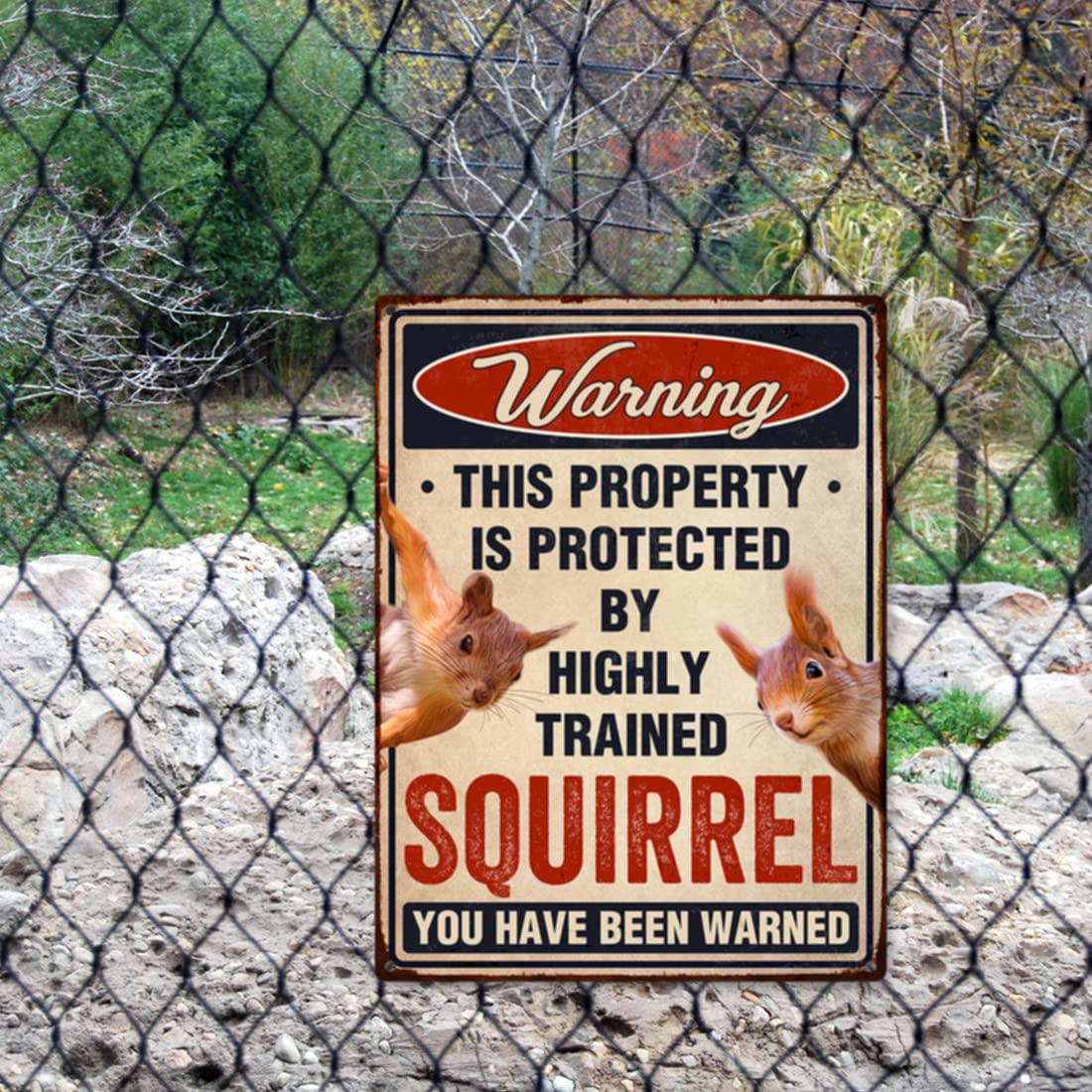 Funny Squirrels Sign, Warning Squirrel Gifts for Squirrel Lovers, Aluminum Sign Rust Free 9" X 11", Pre-Drilled Holes, Weather Resistant