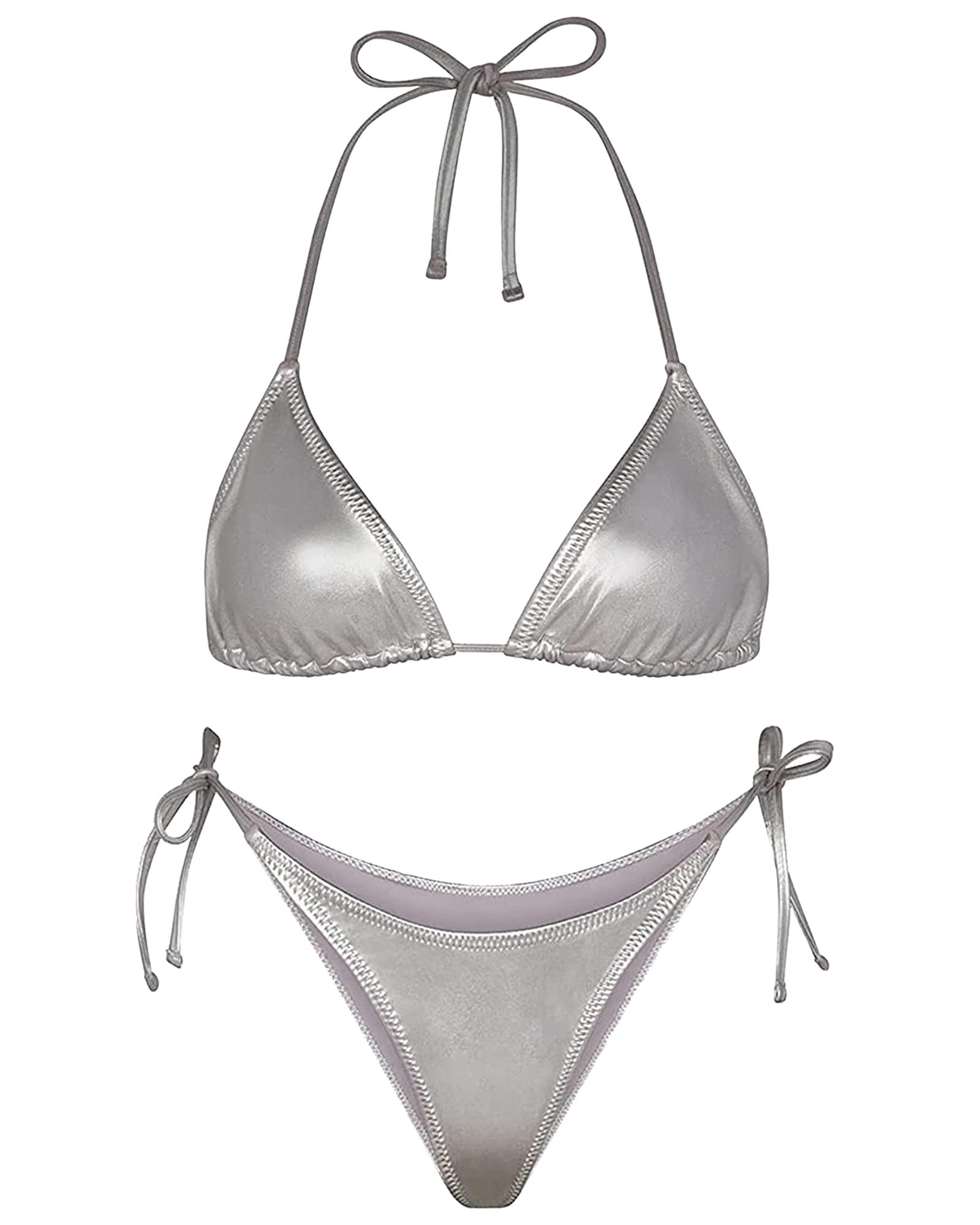 Ella Lust Metallic Bikini for Women - Silver Bathing Suit High Waisted Tie Side Thong Bottom Triangle Top Shiny Swimsuit(Silver,XS,1026a)