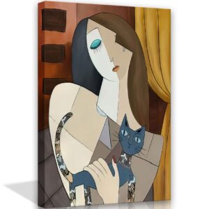 Framed Picasso Wall Art Nordic Abstract Girl and Cat Canvas Wall Art Bohemian Canvas Prints The Dream Girl with Cat Picture Modern Wall Decor for Hotel Rooms Bedroom Poster 12"* 16"