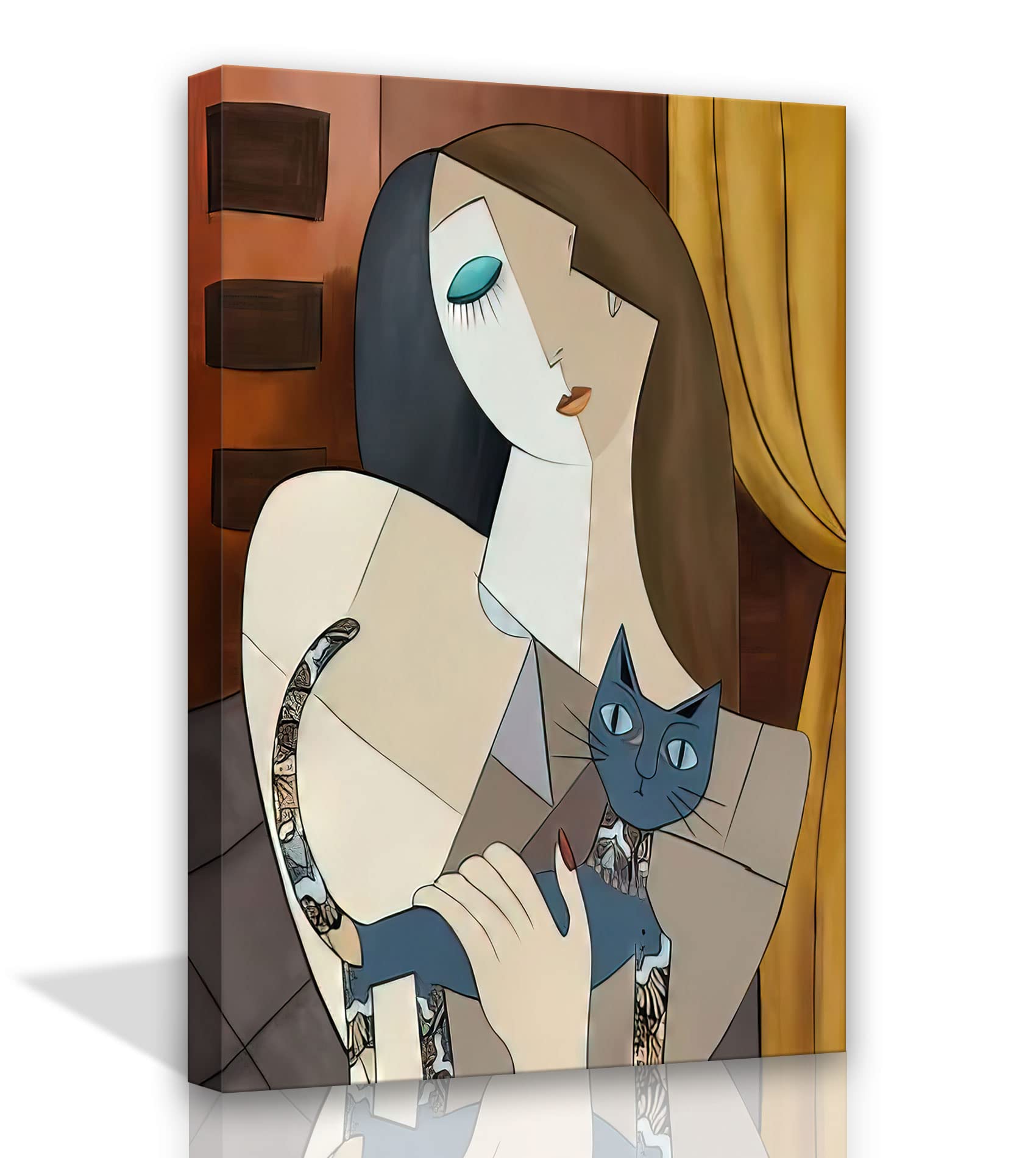 Framed Picasso Wall Art Nordic Abstract Girl and Cat Canvas Wall Art Bohemian Canvas Prints The Dream Girl with Cat Picture Modern Wall Decor for Hotel Rooms Bedroom Poster 12"* 16"