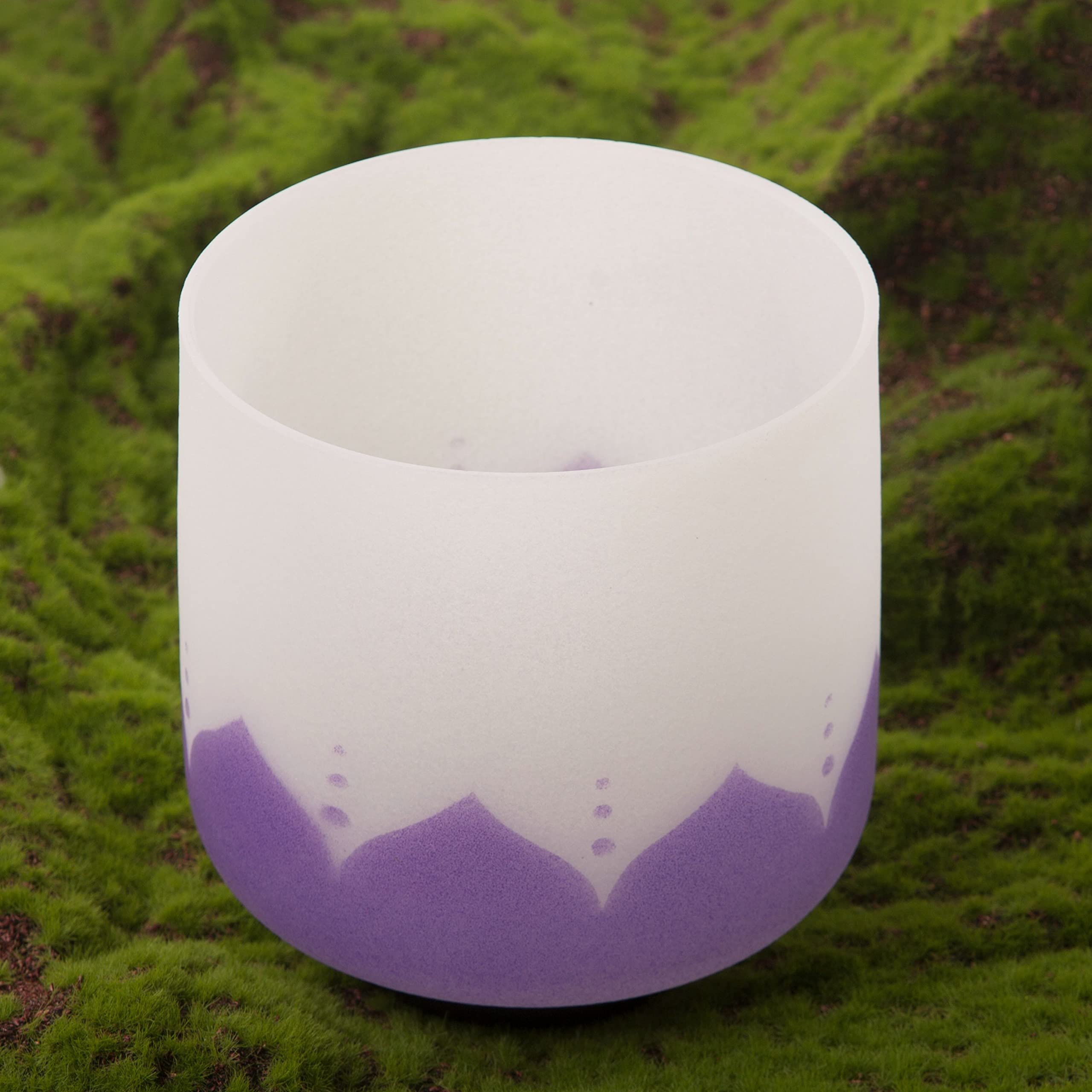 Leize Quartz Crystal Singing Bowl 432hz B Note Crown Chakra Violet Lotus Design 6" Wide with Suede Striker