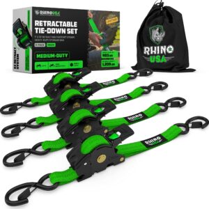 rhino usa retractable ratchet tie down straps (4pk) - 1,209lb max break strength, includes (4) ultimate 1" x 10' autoretract tie downs with padded handles. use for boat, securing cargo