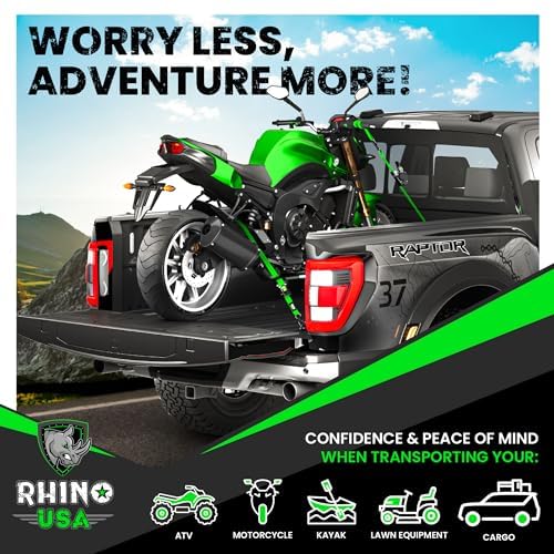 Rhino USA Retractable Ratchet Tie Down Straps (4PK) - 1,209lb Max Break Strength, includes (4) Ultimate 1" x 10' Autoretract Tie Downs with Padded Handles. Use for Boat, Securing Cargo