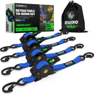 Rhino USA Retractable Ratchet Tie Down Straps (4PK) - 1,209lb Max Break Strength, includes (4) Ultimate 1" x 10' Autoretract Tie Downs with Padded Handles. Use for Boat, Securing Cargo