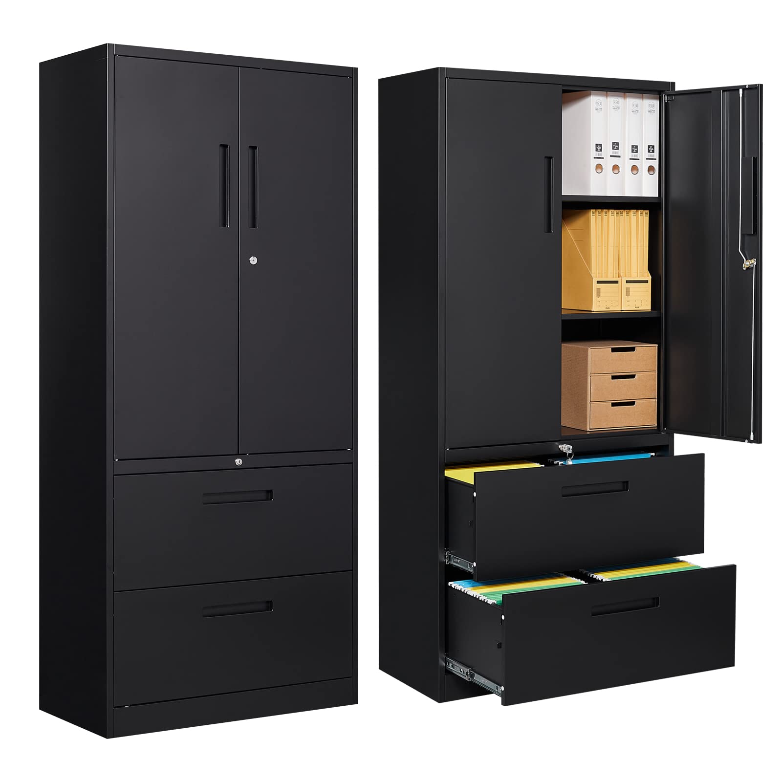 STANI 2 Drawer Lateral File Cabinet, Metal Storage Cabinet with Drawers, Locking File Cabinet with Storage Shelves, Metal Storage Cabinets for Letter/Legal/F4/A4 Size Files (Two Drawer, Black)