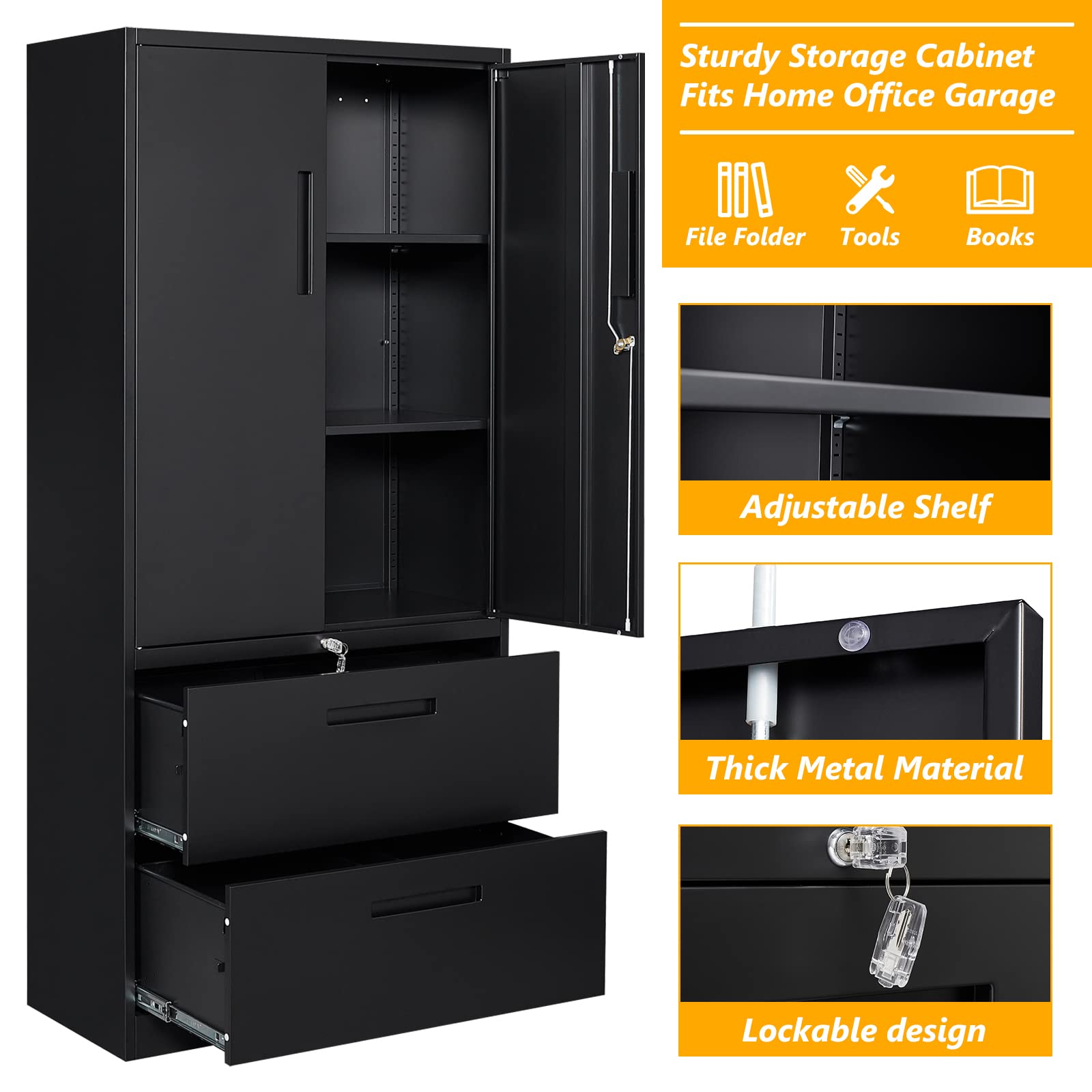 STANI 2 Drawer Lateral File Cabinet, Metal Storage Cabinet with Drawers, Locking File Cabinet with Storage Shelves, Metal Storage Cabinets for Letter/Legal/F4/A4 Size Files (Two Drawer, Black)