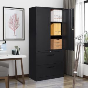 STANI 2 Drawer Lateral File Cabinet, Metal Storage Cabinet with Drawers, Locking File Cabinet with Storage Shelves, Metal Storage Cabinets for Letter/Legal/F4/A4 Size Files (Two Drawer, Black)