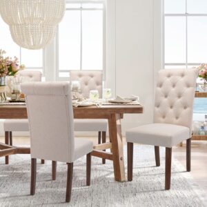 COLAMY Tufted Dining Room Chairs Set of 4, Parsons Diner Chairs Upholstered Fabric Side Kitchen Chairs with Solid Wood Legs and Padded Seat - Beige