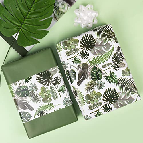 WRAPAHOLIC Reversible Wrapping Paper - Mini Roll - 17 Inch X 33 Feet - Monstera Leaf and Solid Green Design for Birthday, Party, Baby Shower