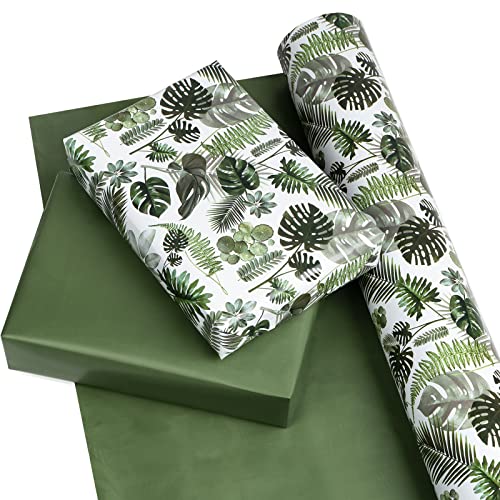 WRAPAHOLIC Reversible Wrapping Paper - Mini Roll - 17 Inch X 33 Feet - Monstera Leaf and Solid Green Design for Birthday, Party, Baby Shower