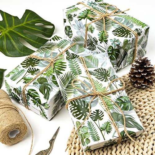 WRAPAHOLIC Reversible Wrapping Paper - Mini Roll - 17 Inch X 33 Feet - Monstera Leaf and Solid Green Design for Birthday, Party, Baby Shower