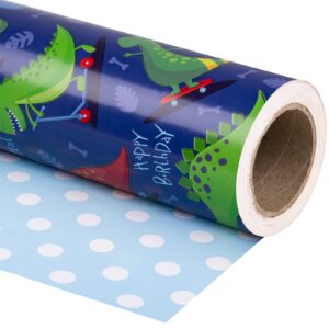 WRAPAHOLIC Reversible Wrapping Paper - Mini Roll - 17 Inch x 33 Feet - Dinosaur and Polka Dot Design for Kid's Birthday, Party, Baby Shower