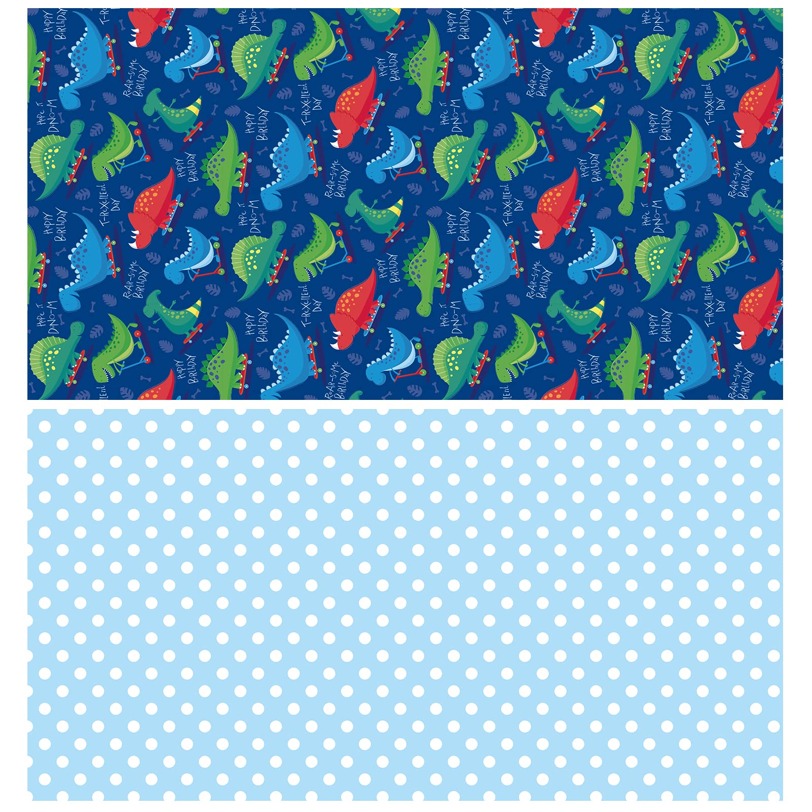 WRAPAHOLIC Reversible Wrapping Paper - Mini Roll - 17 Inch x 33 Feet - Dinosaur and Polka Dot Design for Kid's Birthday, Party, Baby Shower