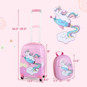 Olakids Kids Luggage Set, 12’’ Travel Backpack and 18’’ Carry on Suitcase with Wheels for Children Boys Girls, 2 Pcs Rolling Spinner Trolley Case Gift for Toddlers (Pink Unicorn)