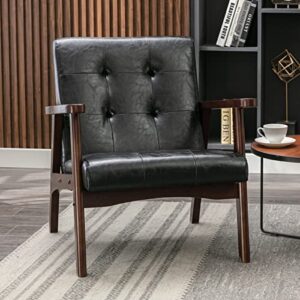 bonzy home black accent chair,faux leather mid century modern chairs for living room, upholstered armchair comfy retro bedroom side chair with solid wood frame, black