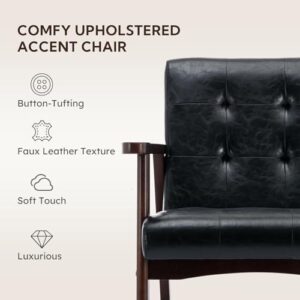 Bonzy Home Black Accent Chair,Faux Leather Mid Century Modern Chairs for Living Room, Upholstered Armchair Comfy Retro Bedroom Side Chair with Solid Wood Frame, Black