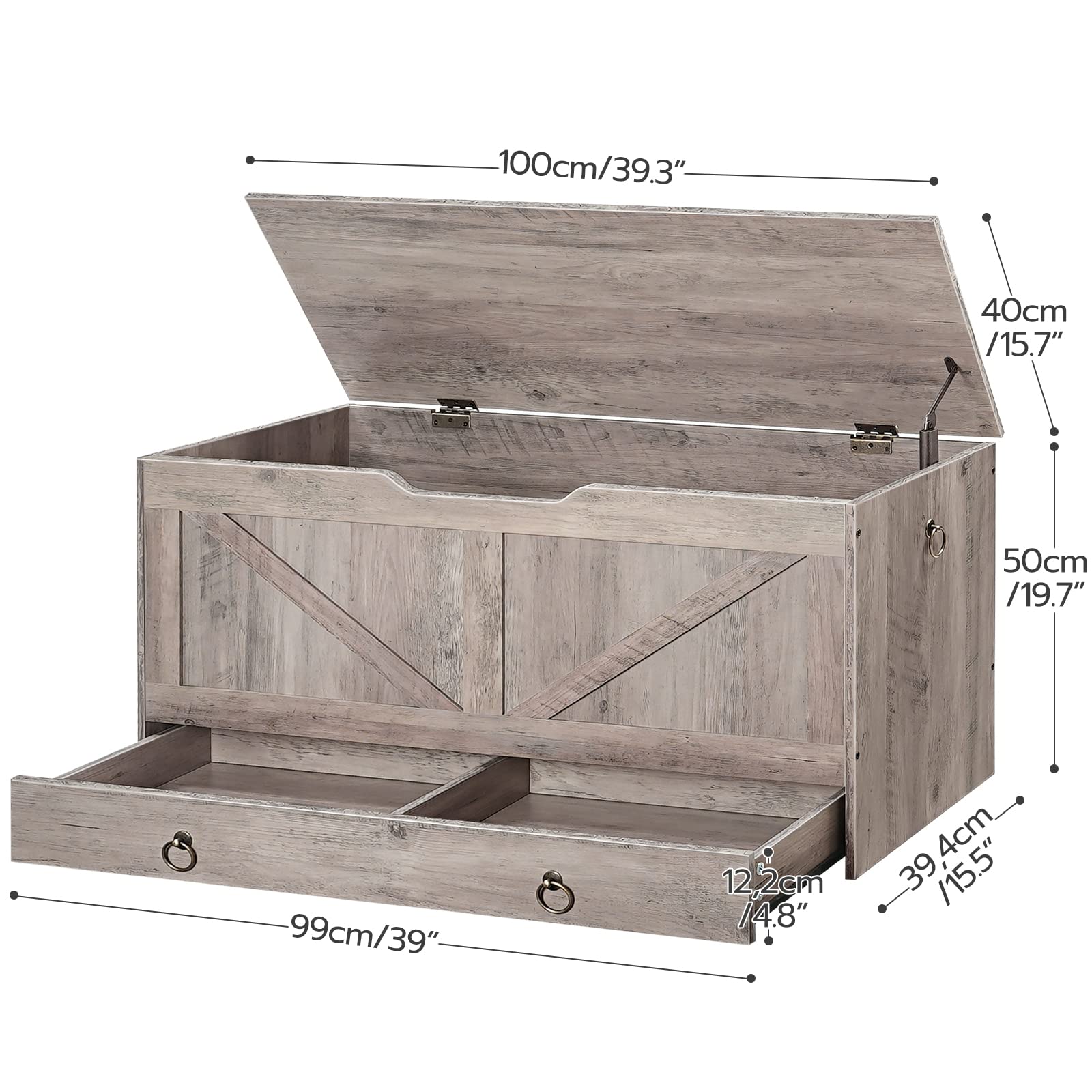 HOOBRO Storage Chest, 39.3" Toy Chest with Drawer, Wooden Storage Bench, Sturdy Entryway Bench Supports 220 lb, Shoe Bench, Safety Hinge, U-Shaped Opening, Easy Assembly, Greige BG710CW01