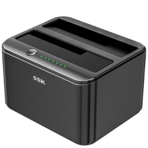 SSK Aluminum Hard Drive Docking Station, USB 3.0 to SATA Dual Bay External HDD Dock Caddy Reader for 2.5 & 3.5 inch SATA HDD SSD, with UASP Offline Cloner/Duplicator Function(2x20TB Supports) Black