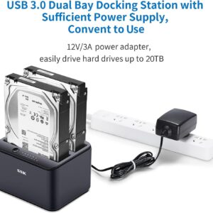 SSK Aluminum Hard Drive Docking Station, USB 3.0 to SATA Dual Bay External HDD Dock Caddy Reader for 2.5 & 3.5 inch SATA HDD SSD, with UASP Offline Cloner/Duplicator Function(2x20TB Supports) Black