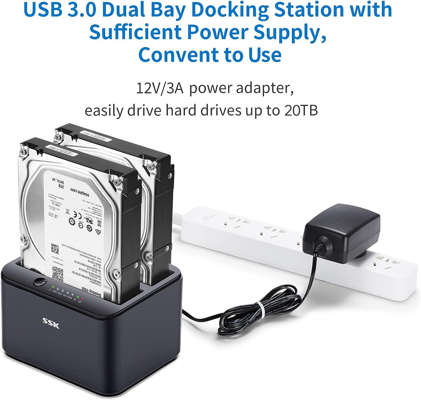 SSK Aluminum Hard Drive Docking Station, USB 3.0 to SATA Dual Bay External HDD Dock Caddy Reader for 2.5 & 3.5 inch SATA HDD SSD, with UASP Offline Cloner/Duplicator Function(2x20TB Supports) Black