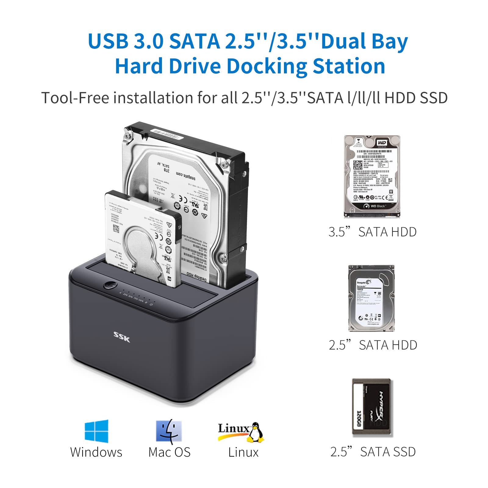 SSK Aluminum Hard Drive Docking Station, USB 3.0 to SATA Dual Bay External HDD Dock Caddy Reader for 2.5 & 3.5 inch SATA HDD SSD, with UASP Offline Cloner/Duplicator Function(2x20TB Supports) Black