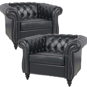 Wlvos Leather Chesterfield Chair Set of 2, Accent Single Sofa Chair Modern Leather Upholstered Chair with Tufted Back for Living Room Club (Black)