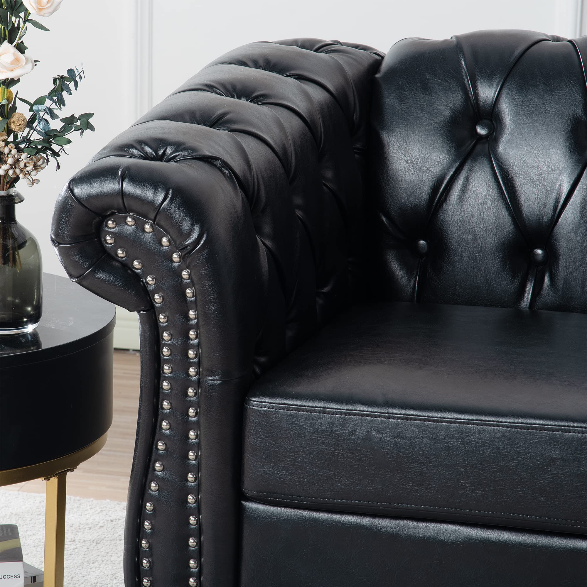 Wlvos Leather Chesterfield Chair Set of 2, Accent Single Sofa Chair Modern Leather Upholstered Chair with Tufted Back for Living Room Club (Black)