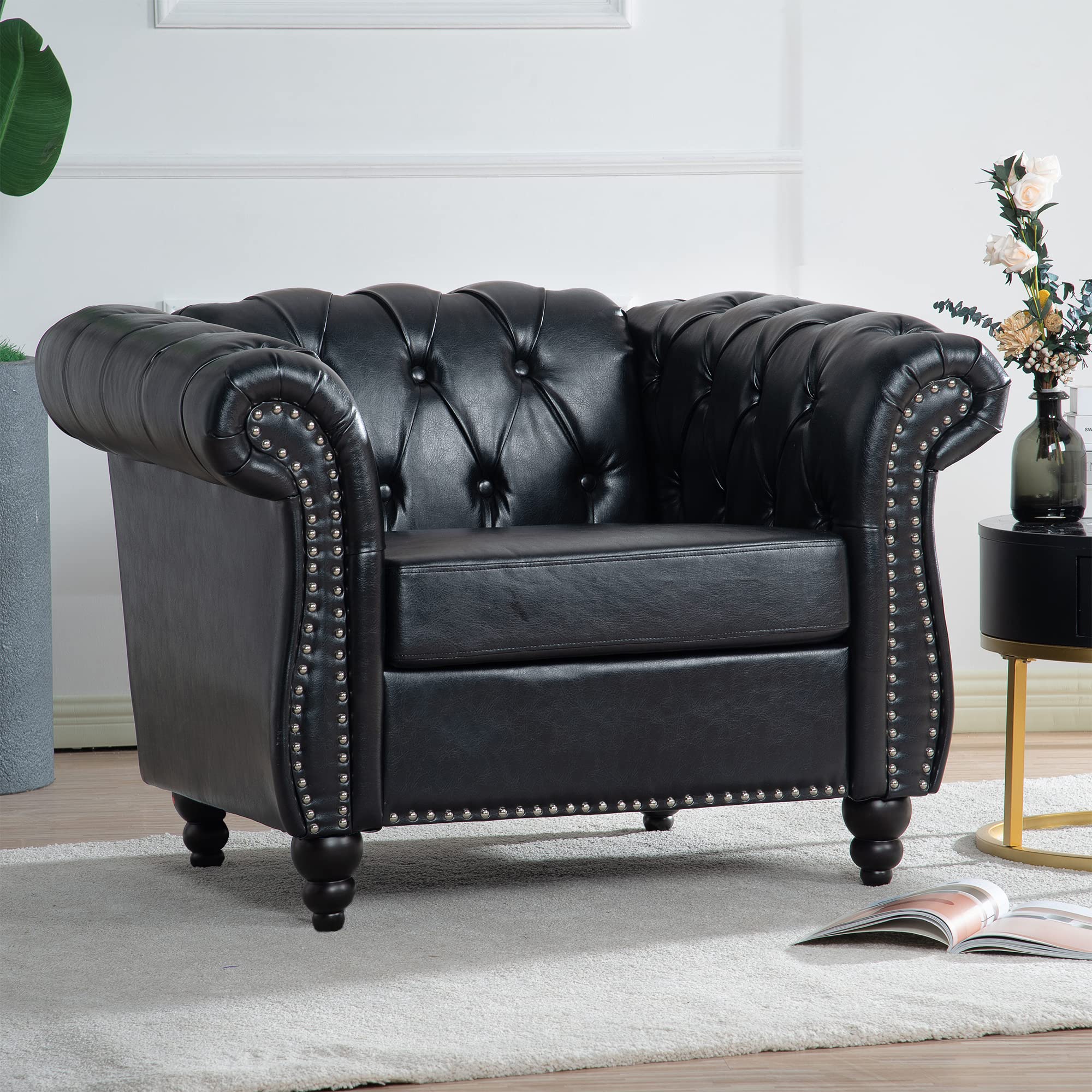 Wlvos Leather Chesterfield Chair Set of 2, Accent Single Sofa Chair Modern Leather Upholstered Chair with Tufted Back for Living Room Club (Black)