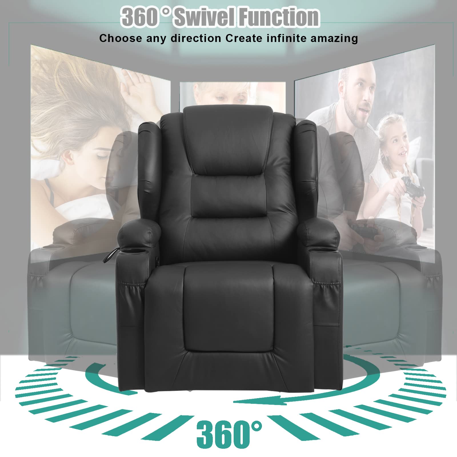 SAMERY Manual Recliner Chair Swivel Rocker Recliner Chairs, Nursery Rocking Chair Glider, 360° Swivel Ergonomic Lounge Chair w/Cup Holders/Pockets for Living Room