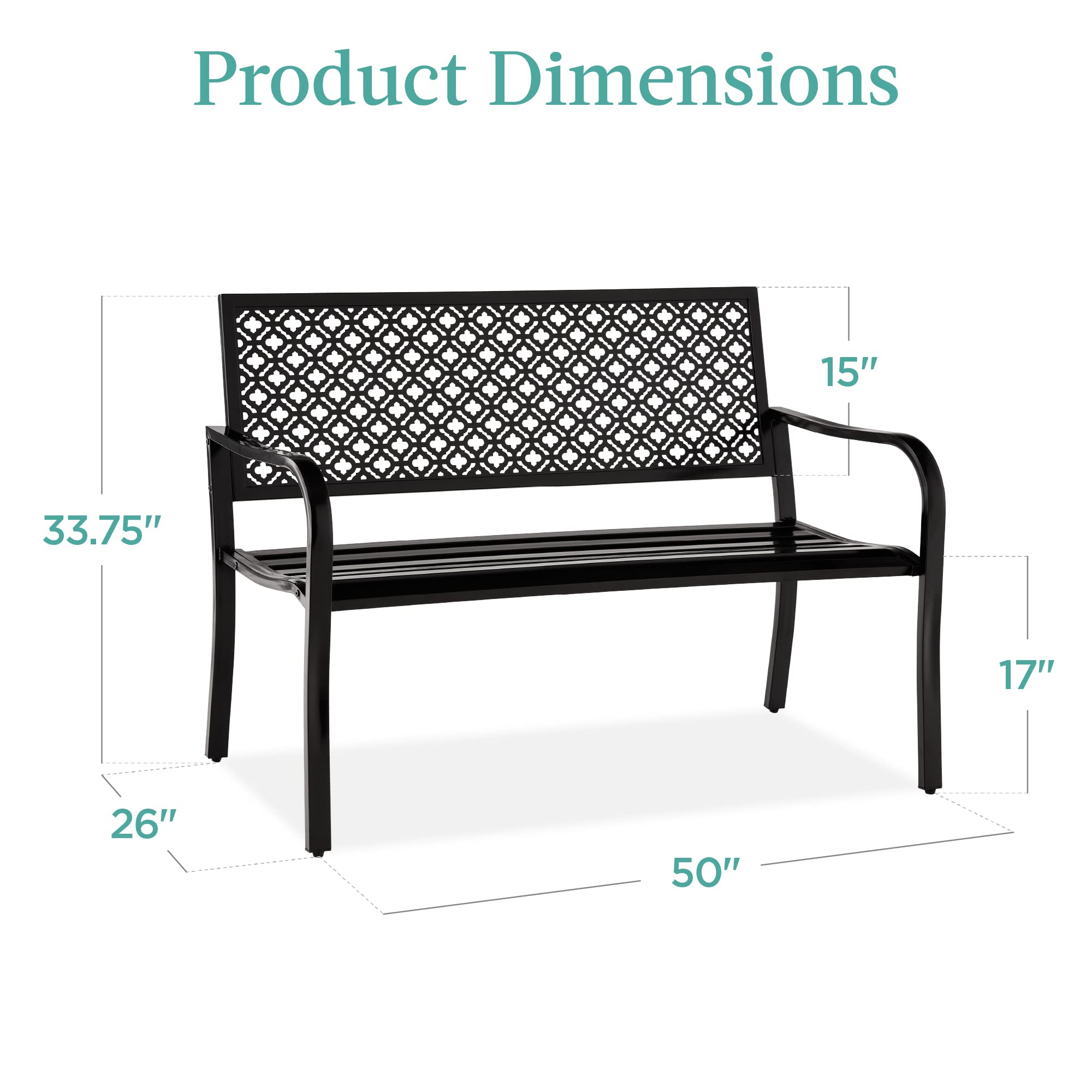 Best Choice Products Outdoor Bench 2-Person Metal Steel Benches Furniture for Garden, Patio, Porch, Entryway w/Geometric Backrest, 790lb Capacity – Black